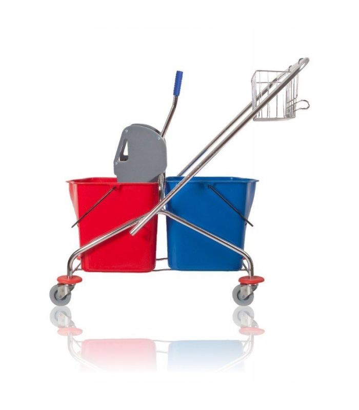 Wózek dwuwiaderkowy 2x17L z wyciskarką uniwersalną i koszykiem na drobny sprzęt i środki czystości