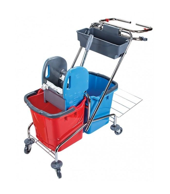 Wózek dwuwiaderkowy serwisowy chromowany 2X25L Z Uchwytem Na Worek i koszykiem na akcesoria